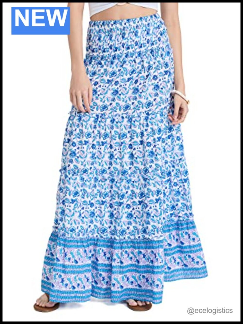 Cotton Floral Maxi Skirt Smocked Elastic Waist Tiered Ruffle Full